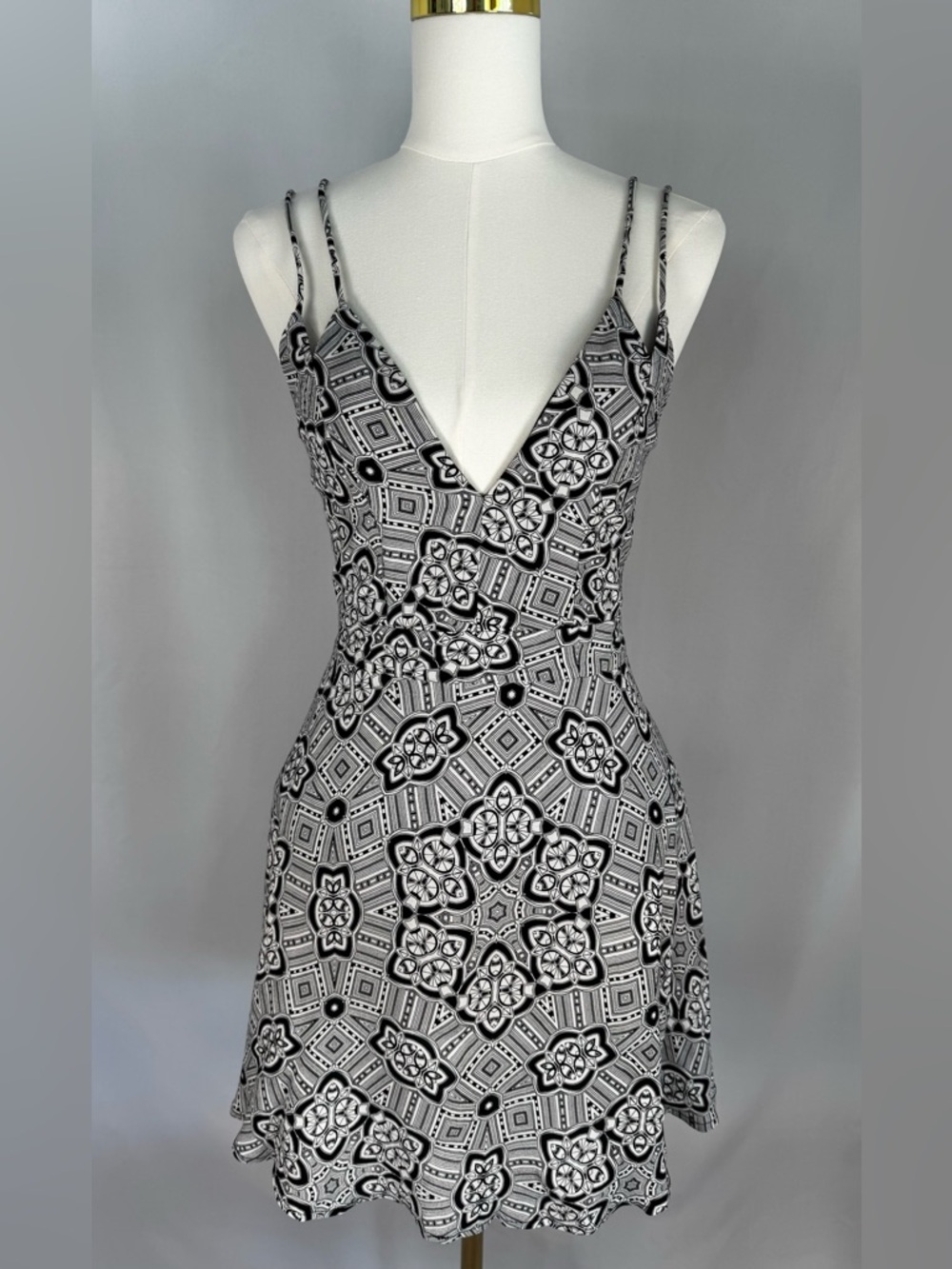 NBD Black and White Printed V-Neck Mini Dress